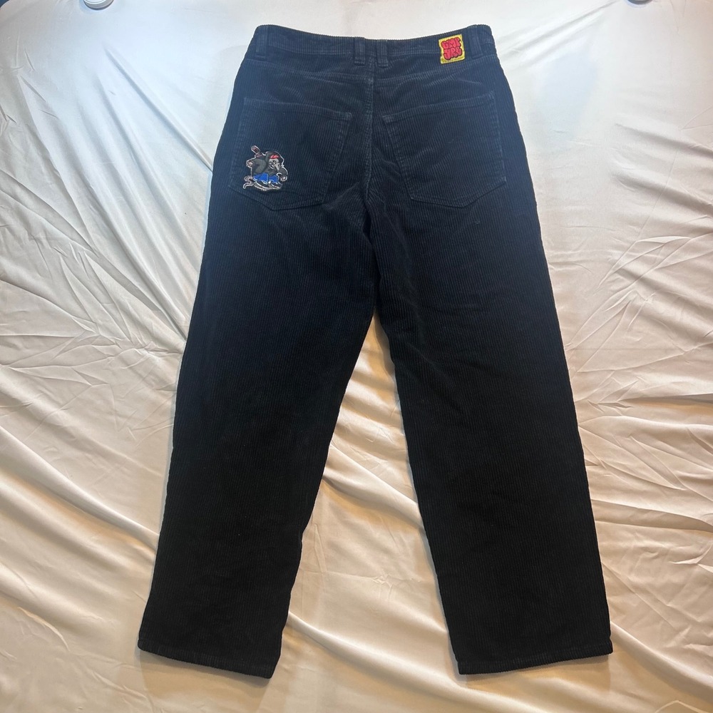 Empyre Mens Black Corduroy Loose Fit Skate Pants Size 30 Embroidered Rat Patch